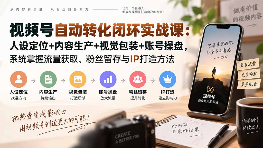 视频号自动转化闭环实战课：人设定位+内容生产+视觉包装+账号操盘，系统掌握流量获取、粉丝留存与IP打造方法-超级会员网