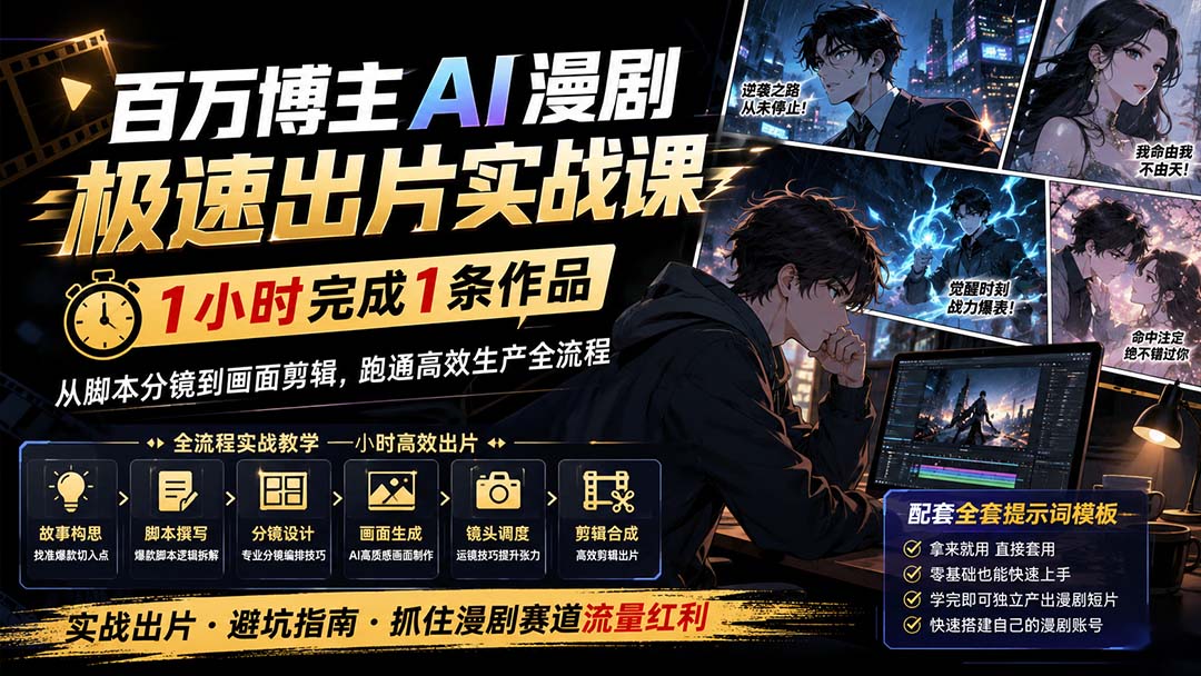 百万博主AI漫剧极速出片实战课：1小时产出条作品，从脚本分镜到画面剪辑，跑通高效生产全流程-超级会员网