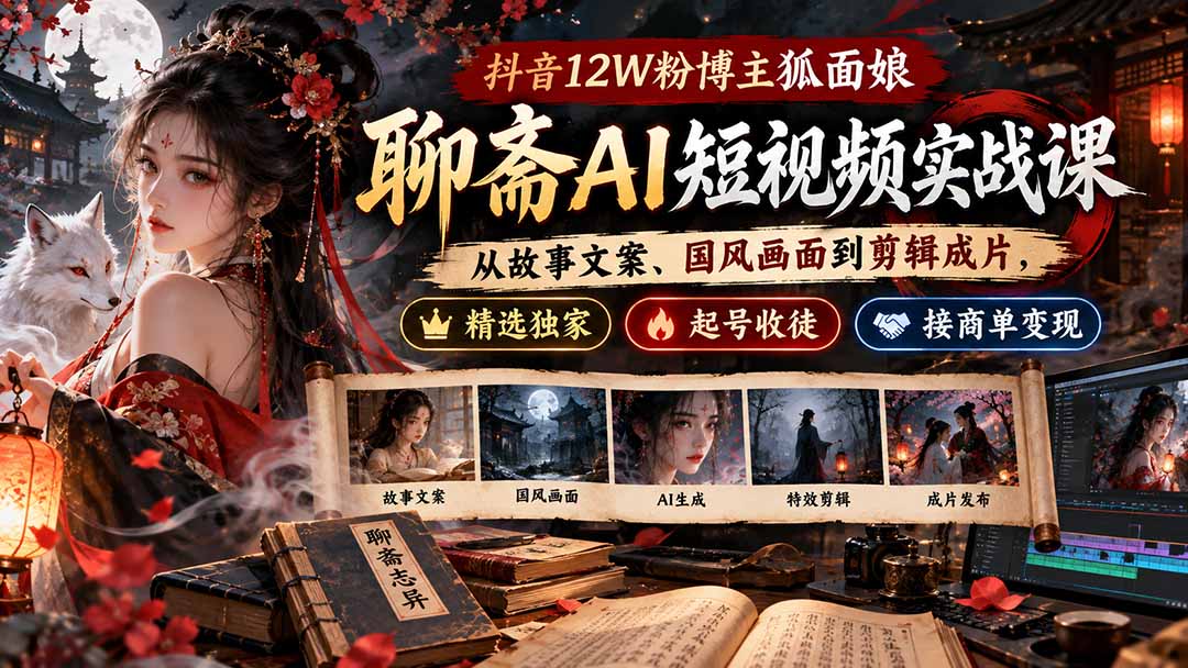 抖音12W粉博主狐面娘-聊斋AI短视频实战课：从故事文案、国风画面到剪辑成片，精选独家+起号收徒+接商单变现-超级会员网