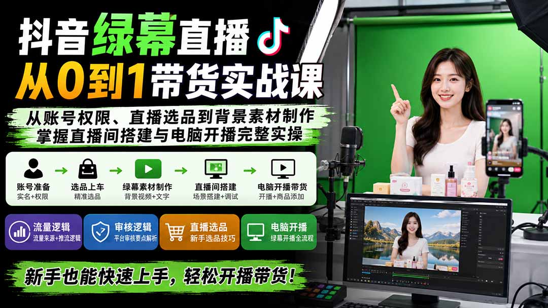 抖音绿幕直播从0到1带货实战课：从账号权限、直播选品到背景素材制作，掌握直播间搭建与电脑开播完整实操-超级会员网