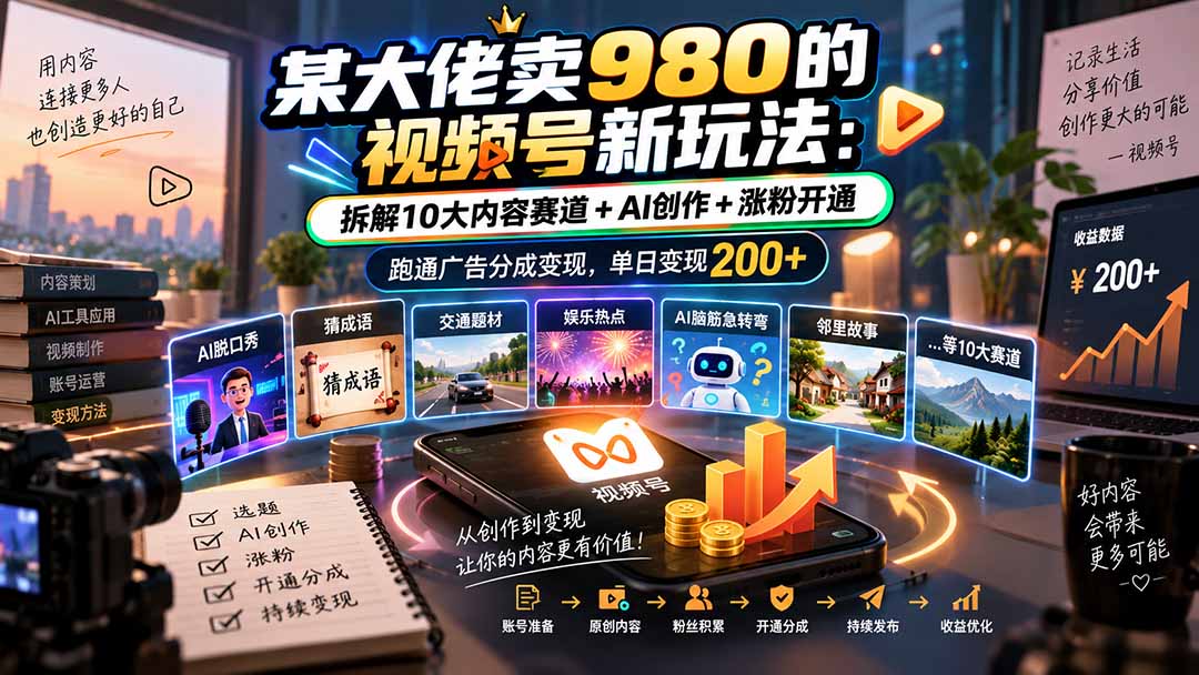某大佬卖980的视频号新玩法：拆解10大内容赛道+AI创作+涨粉开通，跑通广告分成变现，单日变现200+-超级会员网