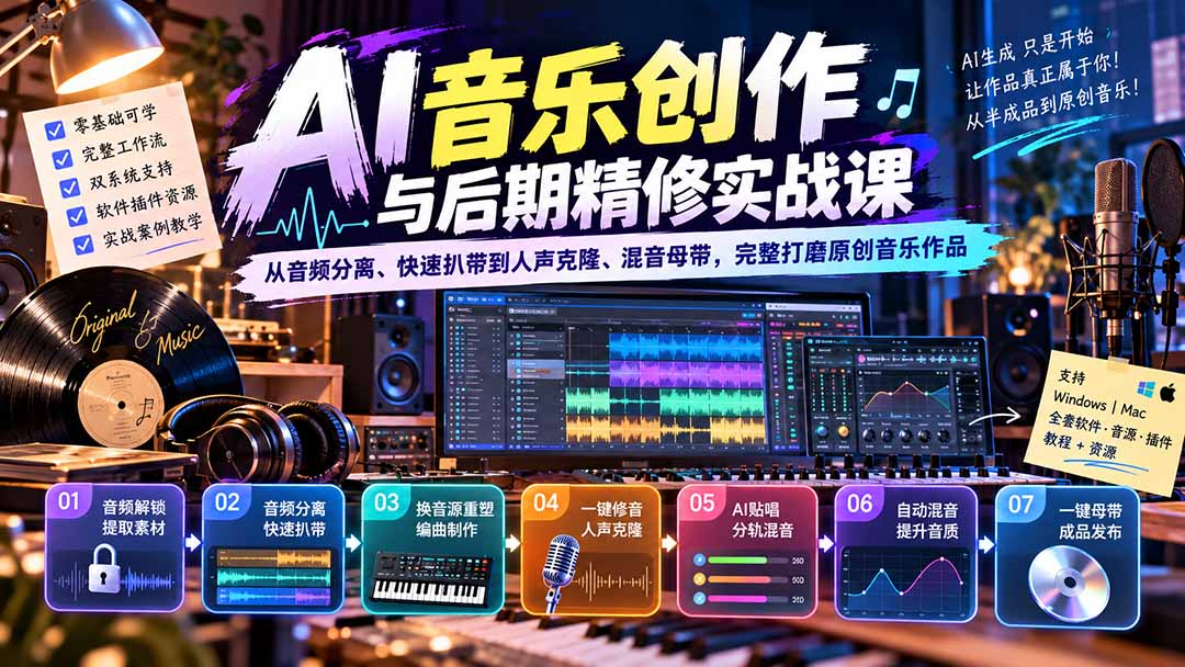 AI音乐创作与后期精修实战课：从音频分离、快速扒带到人声克隆、混音母带，完整打磨原创音乐作品-超级会员网