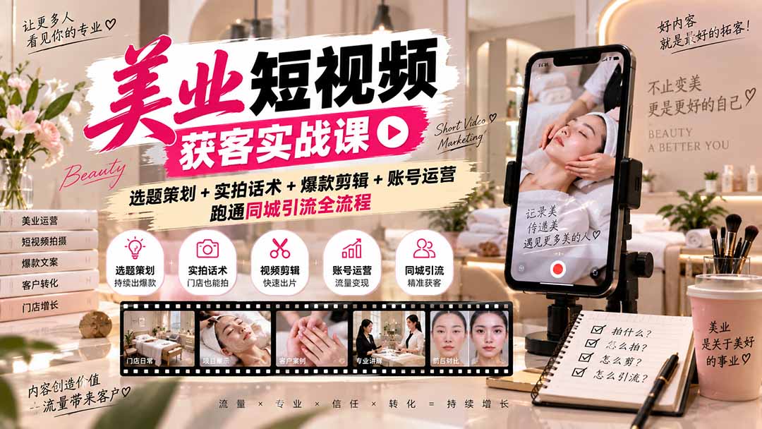 美业短视频获客实战课-无水印：选题策划+实拍话术+爆款剪辑+账号运营，跑通同城引流全流程-超级会员网