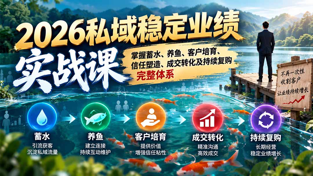 2026私域稳定业绩实战课：掌握蓄水、养鱼、客户培育、信任塑造、成交转化及持续复购完整体系-超级会员网