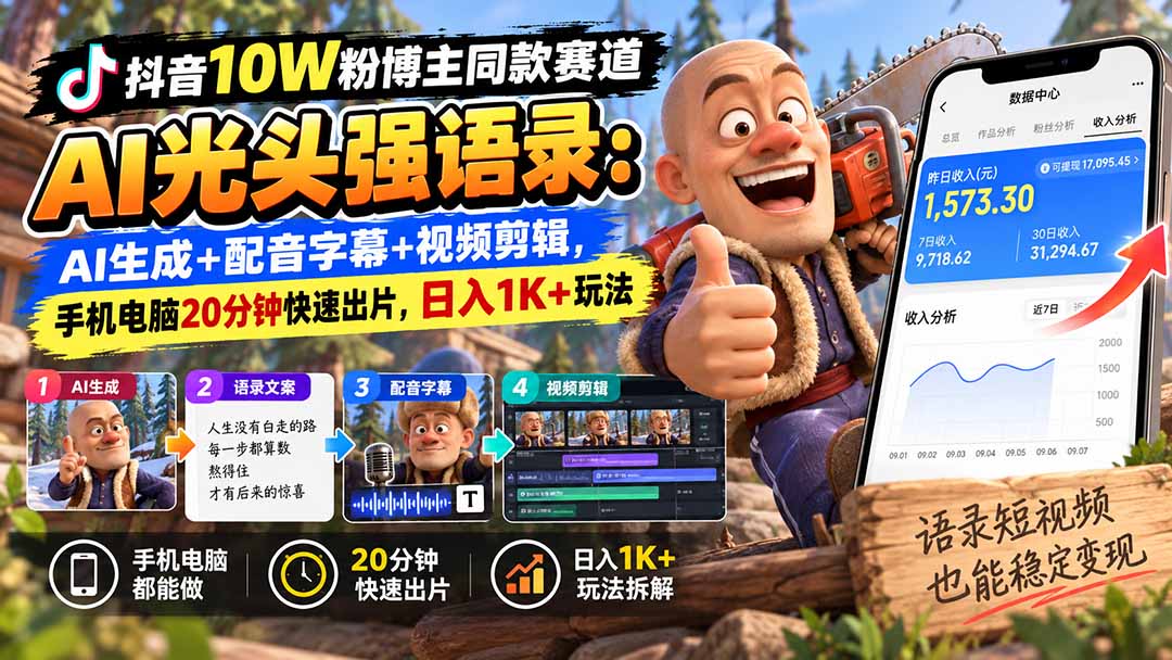 【无水印】抖音10W粉博主同款赛道AI光头强语录：AI生成+配音字幕+视频剪辑，手机电脑20分钟快速出片，日入1K+玩法-超级会员网