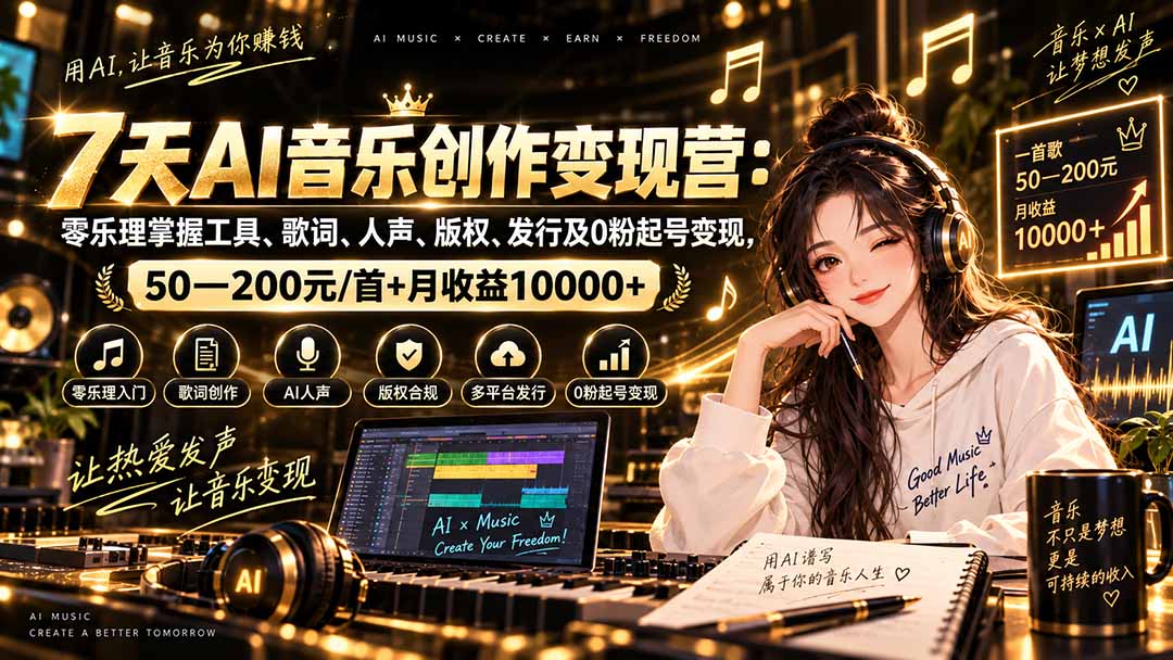 AI音乐创作变现营：零乐理掌握工具、歌词、人声、版权、发行及0粉起号变现，50—200元/首+月收益10000+-超级会员网