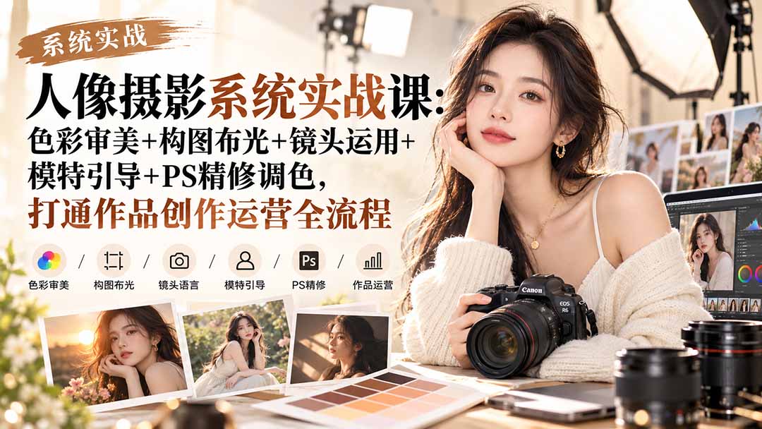 【无水印】人像摄影系统实战课：色彩审美+构图布光+镜头运用+模特引导+PS精修调色，打通作品创作运营全流程-超级会员网