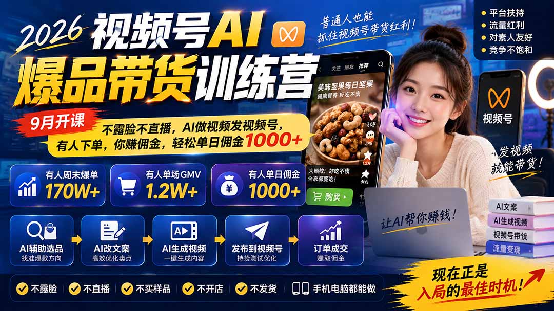 2026视频号AI爆品带货训练营-9月开课｜不露脸不直播，AI做视频发视频号，有人下单，你赚佣金，轻松单日佣金1000+-超级会员网