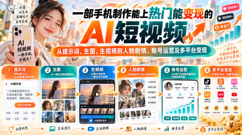 【无水印】一部手机制作能上热门能变现的AI短视频，从提示词、生图、生视频到人物剧情、账号运营及多平台变现-超级会员网