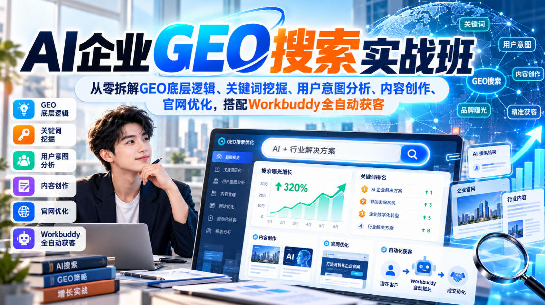 AI企业GEO搜索实战班，从零拆解GEO底层逻辑、关键词挖掘、用户意图分析、内容创作、官网优化，搭配Workbuddy全自动获客-超级会员网