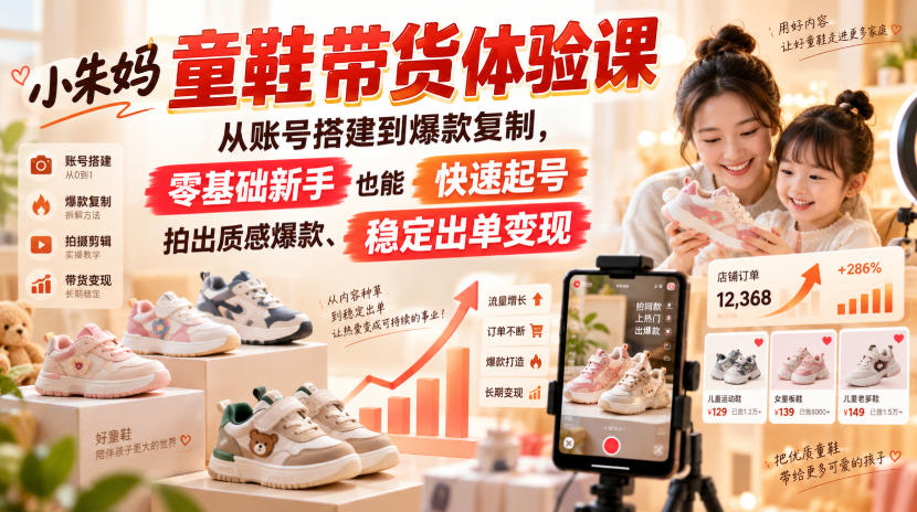 小朱妈童鞋带货体验课，从账号搭建到爆款复制，零基础新手也能快速起号、拍出质感爆款、稳定出单变现-超级会员网