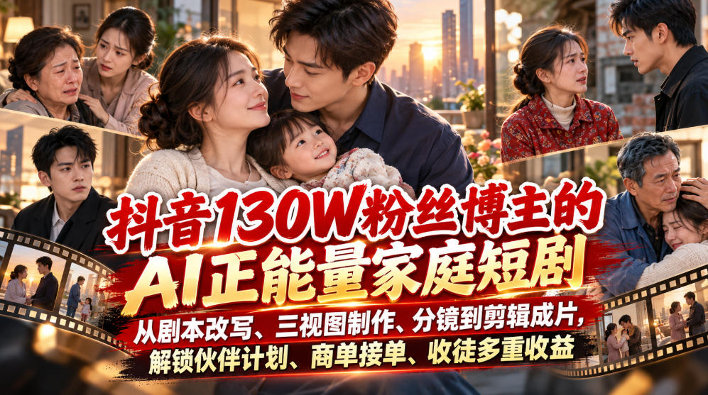 抖音130W粉丝博主的AI正能量家庭短剧，从剧本改写、三视图制作、分镜到剪辑成片，解锁伙伴计划、商单接单、收徒多重收益-超级会员网