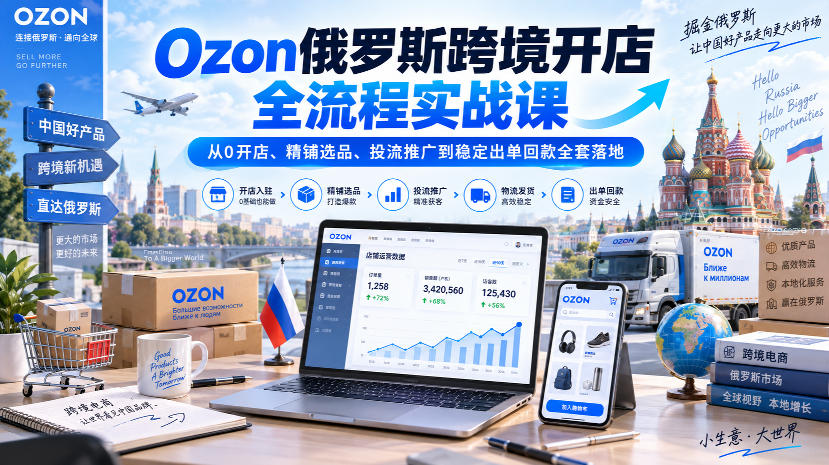 Ozon俄罗斯跨境开店全流程实战课｜从0开店、精铺选品、投流推广到稳定出单回款全套落地-超级会员网