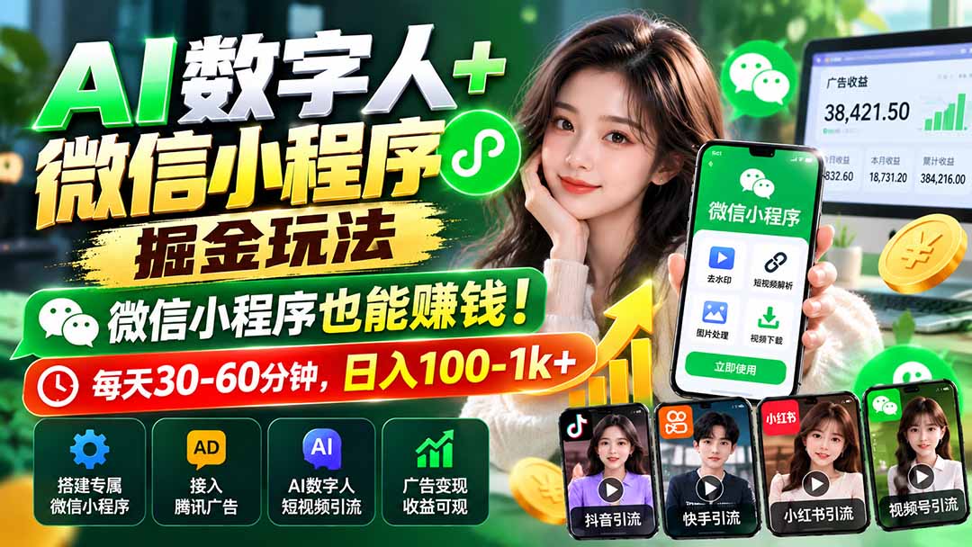 AI数字人+微信小程序掘金玩法：微信小程序也能赚钱！每天30-60分钟，日入100-1k+-超级会员网