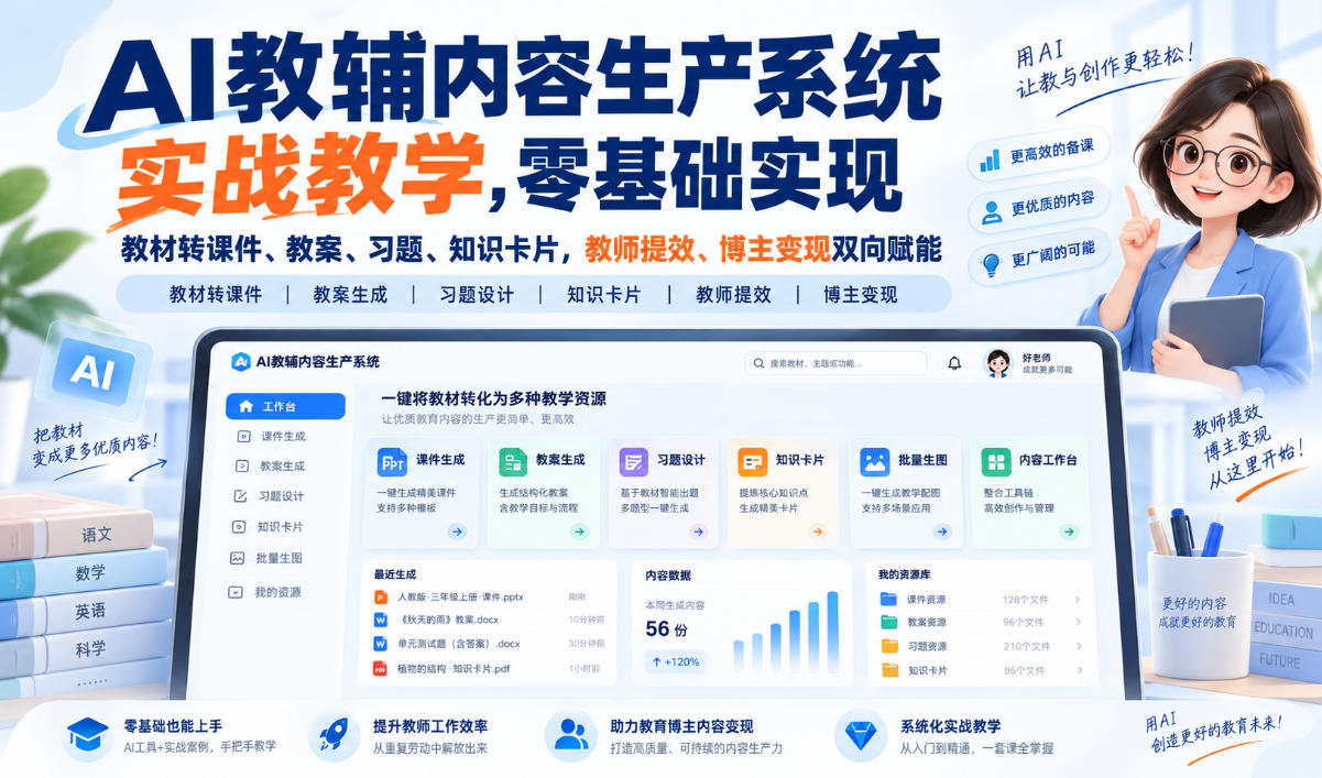 【无水印】AI教辅内容生产系统实战教学，零基础实现教材转课件、教案、习题、知识卡片，教师提效、博主变现双向赋能(更新0926)-超级会员网