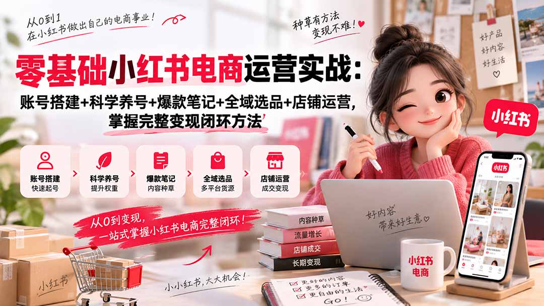 零基础小红书电商运营实战：账号搭建+科学养号+爆款笔记+全域选品+店铺运营，掌握完整变现闭环方法-超级会员网