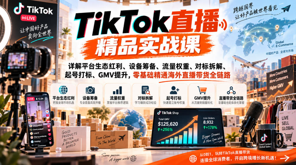 TikTok直播精品实战课，详解平台生态红利、设备筹备、流量权重、对标拆解、起号打标、GMV提升，零基础精通海外直播带货全链路-超级会员网
