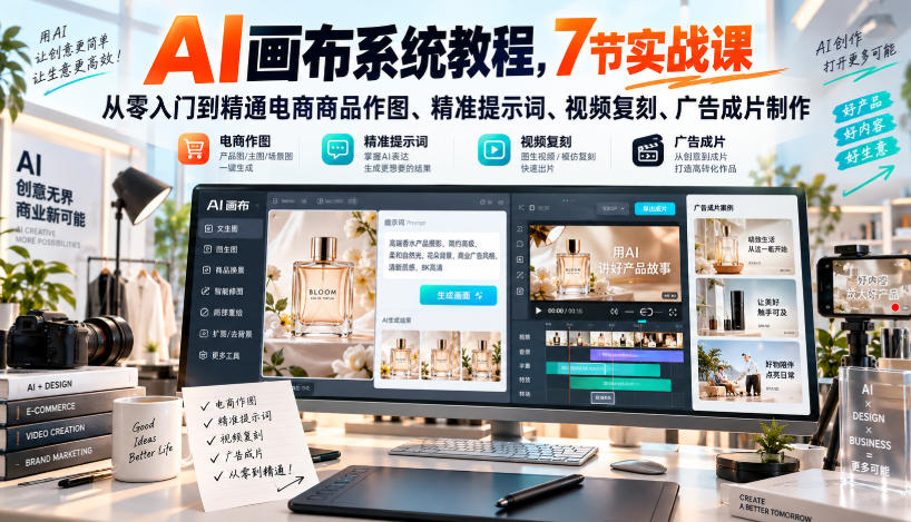 AI画布系统教程，7节实战课从零入门到精通电商商品作图、精准提示词、视频复刻、广告成片制作-超级会员网