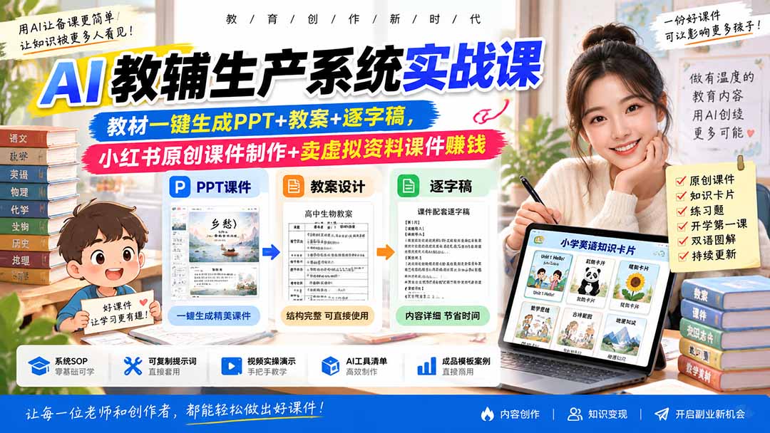 AI教辅生产系统实战课-更新0926｜教材一键生成PPT+教案+逐字稿，小红书原创课件制作+卖虚拟资料课件赚钱-超级会员网