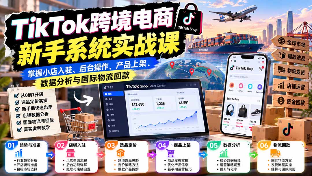 TikTok跨境电商新手系统实战课：掌握小店入驻、后台操作、产品上架、数据分析与国际物流回款-超级会员网
