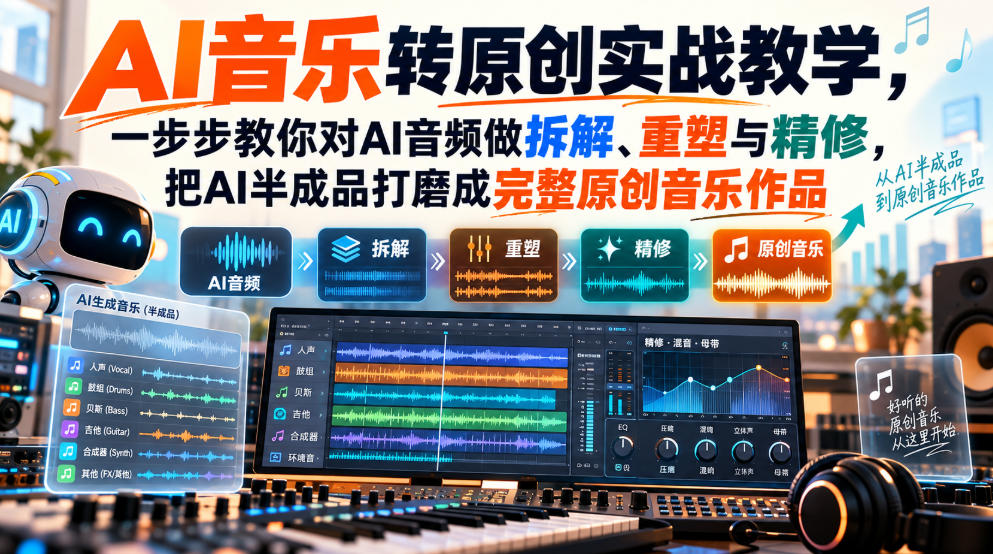 AI音乐转原创实战教学，一步步教你对AI音频做拆解、重塑与精修，把AI半成品打磨成完整原创音乐作品-超级会员网