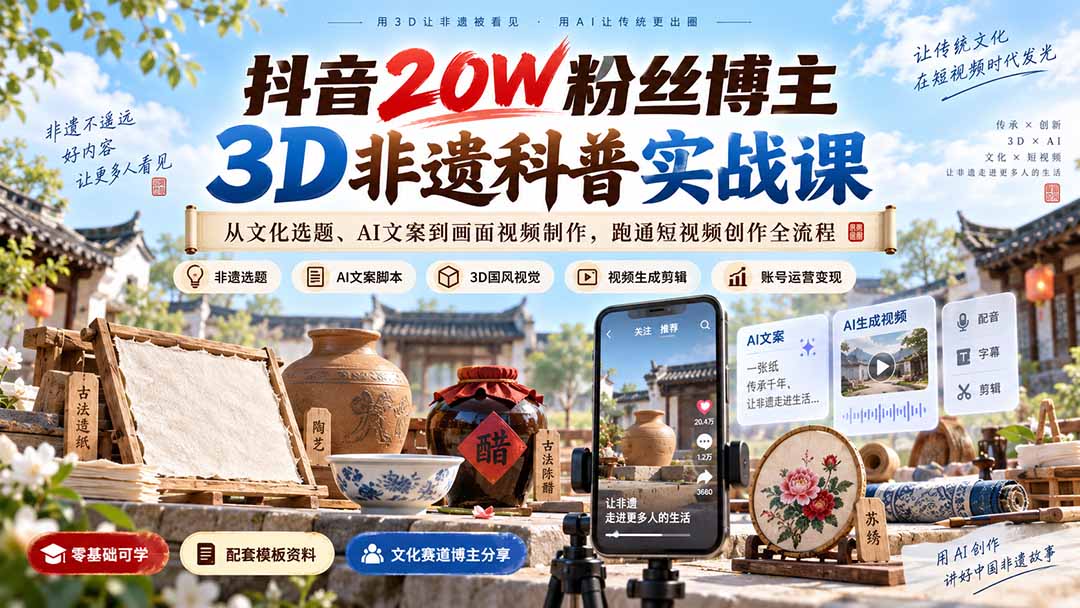 抖音20W粉丝博主3D非遗科普实战课：从文化选题、AI文案到画面视频制作，跑通短视频创作全流程-超级会员网