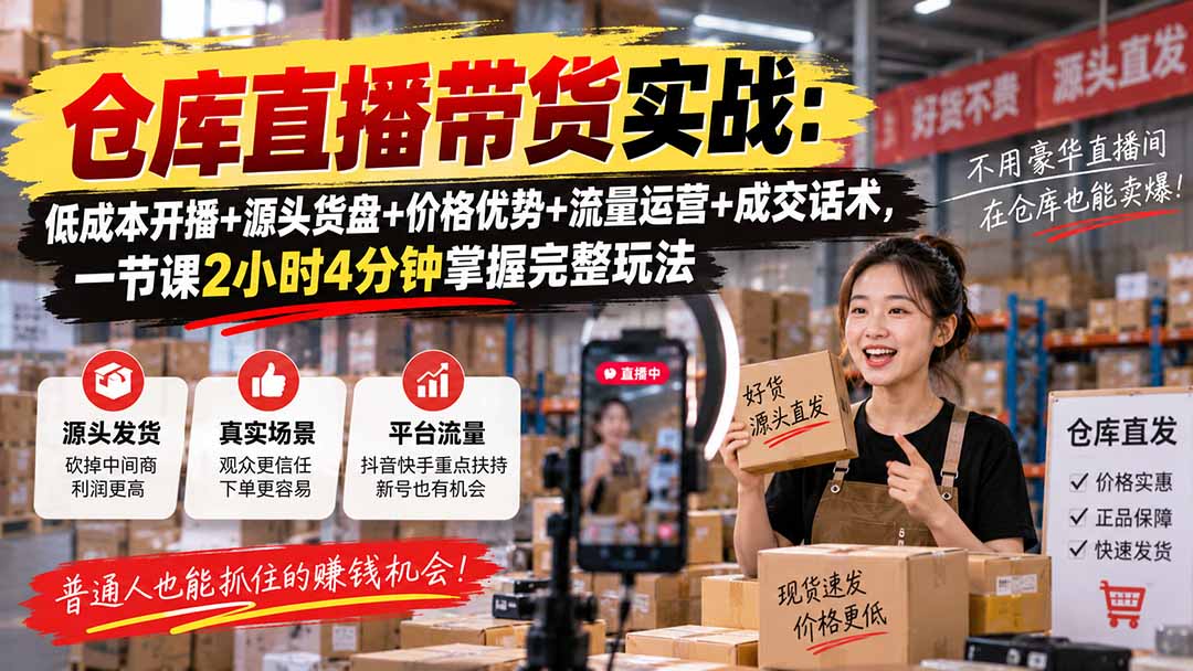 仓库直播带货实战：低成本开播+源头货盘+价格优势+流量运营+成交话术，一节课2小时4分钟掌握完整玩法-超级会员网