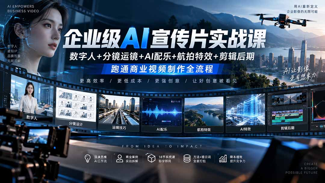 企业级AI宣传片实战课｜数字人+分镜运镜+AI配乐+航拍特效+剪辑后期，跑通商业视频制作全流程-超级会员网