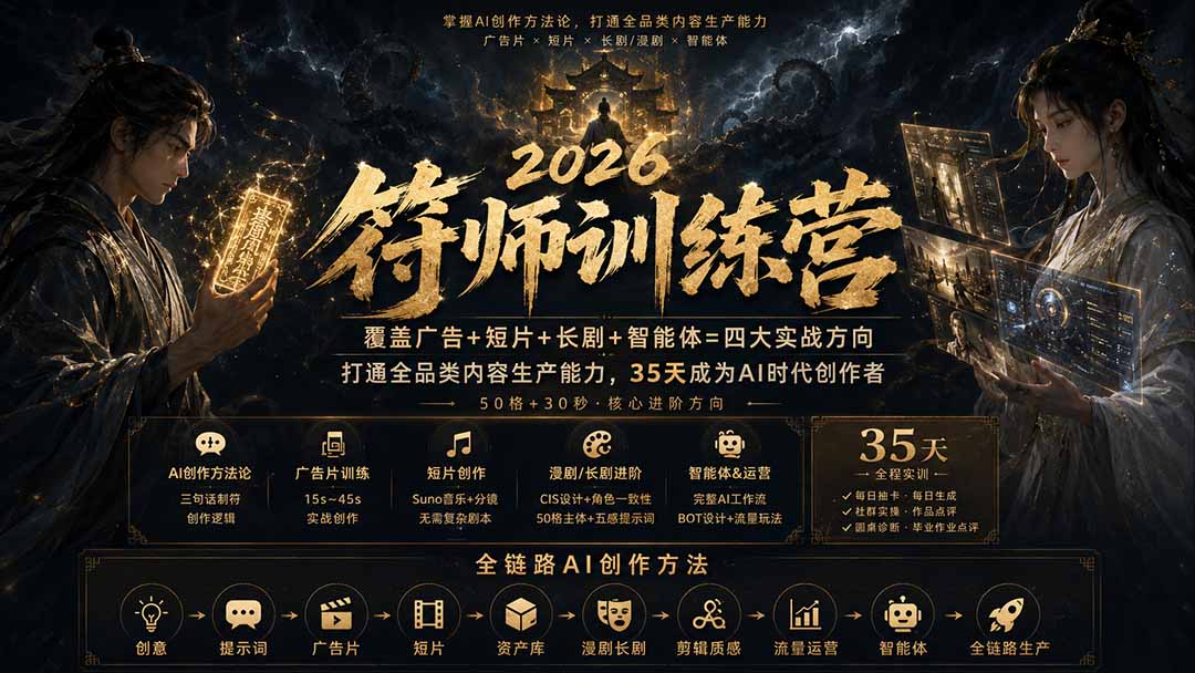 符师训练营-35天成为AI时代创作者，广告+短片+漫剧+智能体四大实战方向，掌握从创意到上线的完整工作流-超级会员网