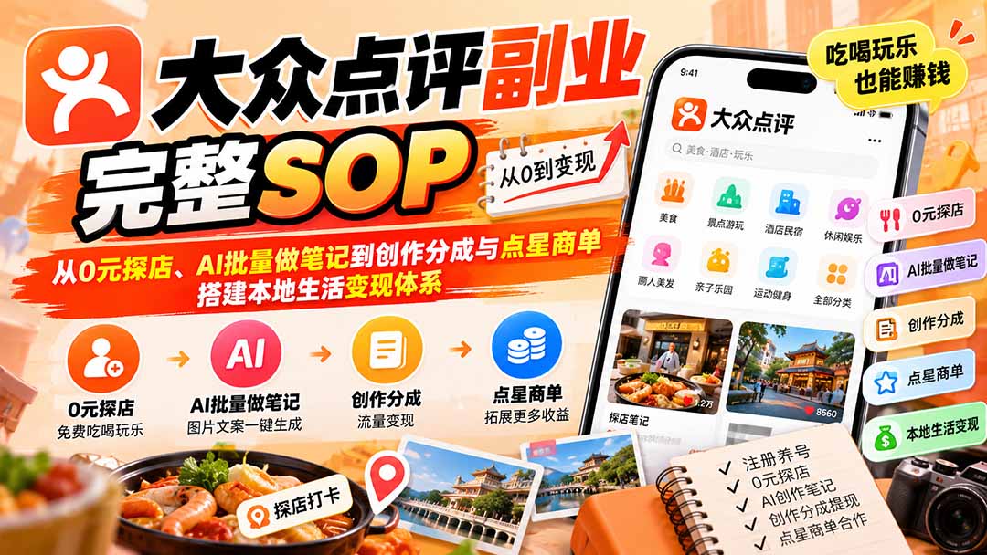 【无水印】大众点评副业完整SOP：从0元探店、AI批量做笔记到创作分成与点星商单，搭建本地生活变现体系-超级会员网