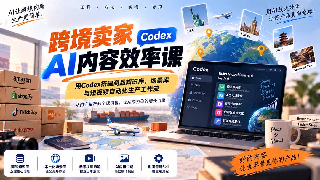 跨境卖家AI内容效率课：用Codex搭建商品知识库、场景库与短视频自动化生产工作流-超级会员网