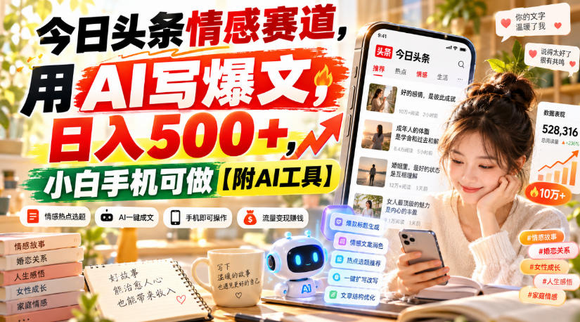 今日头条情感赛道，用AI写爆文，日入500+，小白手机可做【附AI工具】-超级会员网
