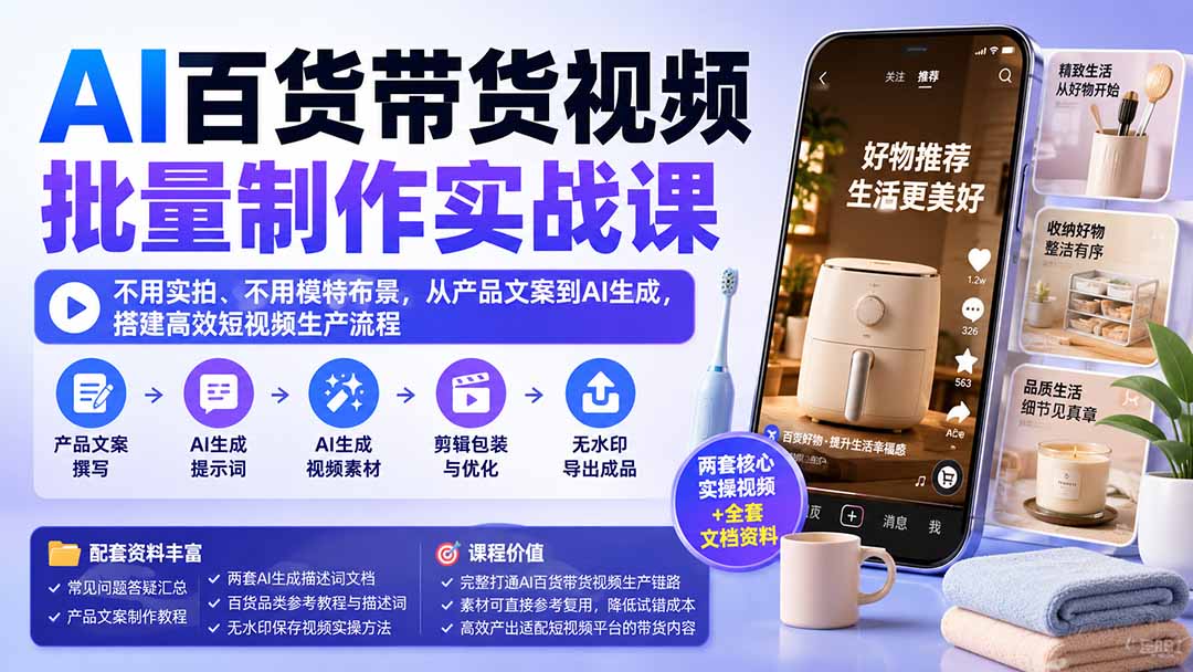 AI百货带货视频批量制作实战课：不用实拍、不用模特布景，从产品文案到AI生成，搭建高效短视频生产流程-超级会员网