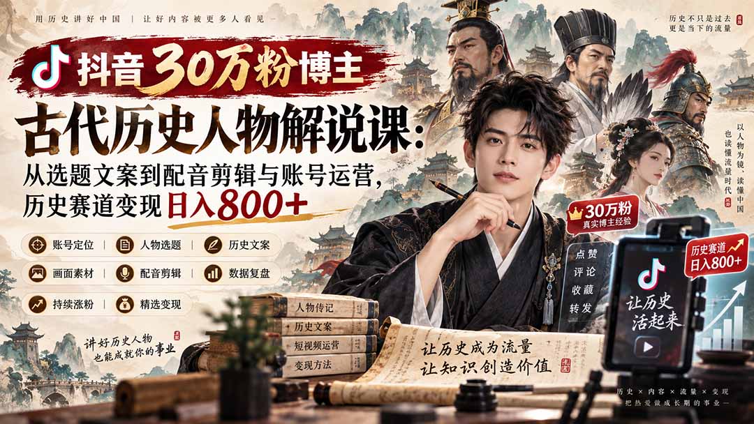 抖音30万粉博主古代历史人物解说课：从选题文案到配音剪辑与账号运营，历史赛道变现日入800+-超级会员网