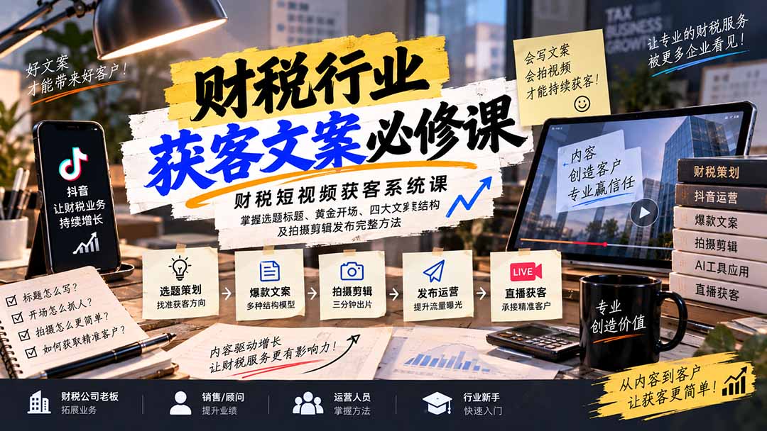 财税短视频获客系统课：掌握选题标题、黄金开场、四大文案结构及拍摄剪辑发布完整方法-超级会员网