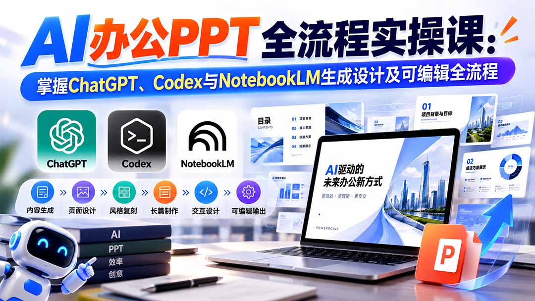 【无水印】AI办公PPT全流程实操课： 掌握ChatGPT、Codex与NotebookLM生成设计及可编辑全流程-超级会员网