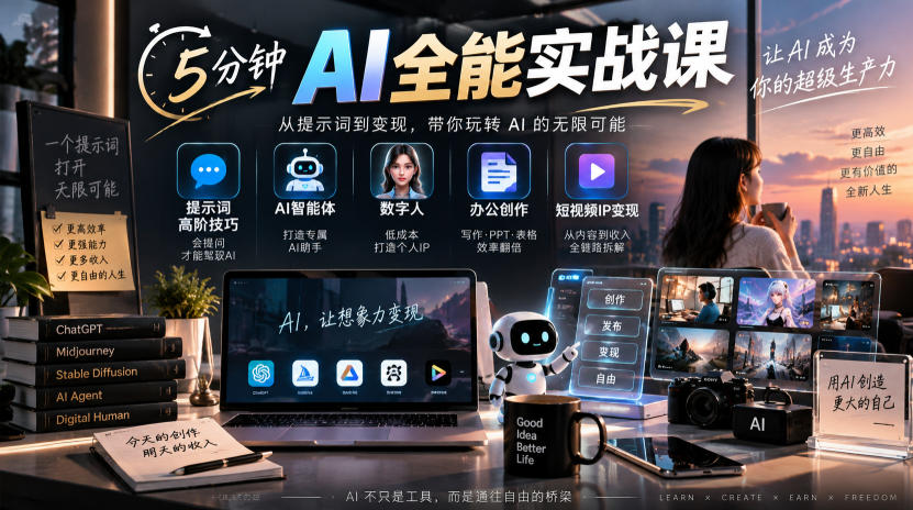 5分钟AI全能实战课｜提示词高阶技巧+AI智能体+数字人+办公创作+短视频IP变现全教程-超级会员网