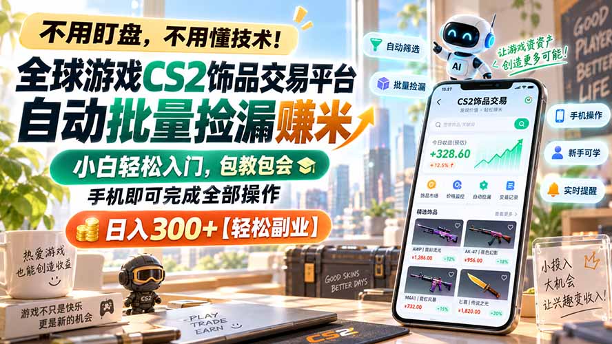 全球游戏CS2饰品交易平台自动批量捡漏赚米，小白轻松入门，包教包会，手机即可完成全部操作，日入300+【轻松副业】-超级会员网