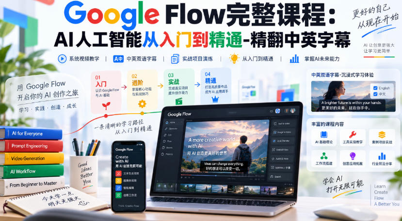 【无水印】Google Flow完整课程：AI人工智能从入门到精通-精翻中英字幕-超级会员网