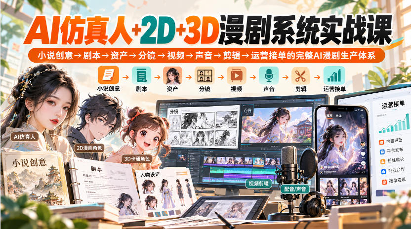 【无水印】AI仿真人+2D+3D漫剧系统实战课，小说创意→剧本→资产→分镜→视频→声音→剪辑→运营接单的完整AI漫剧生产体系-超级会员网