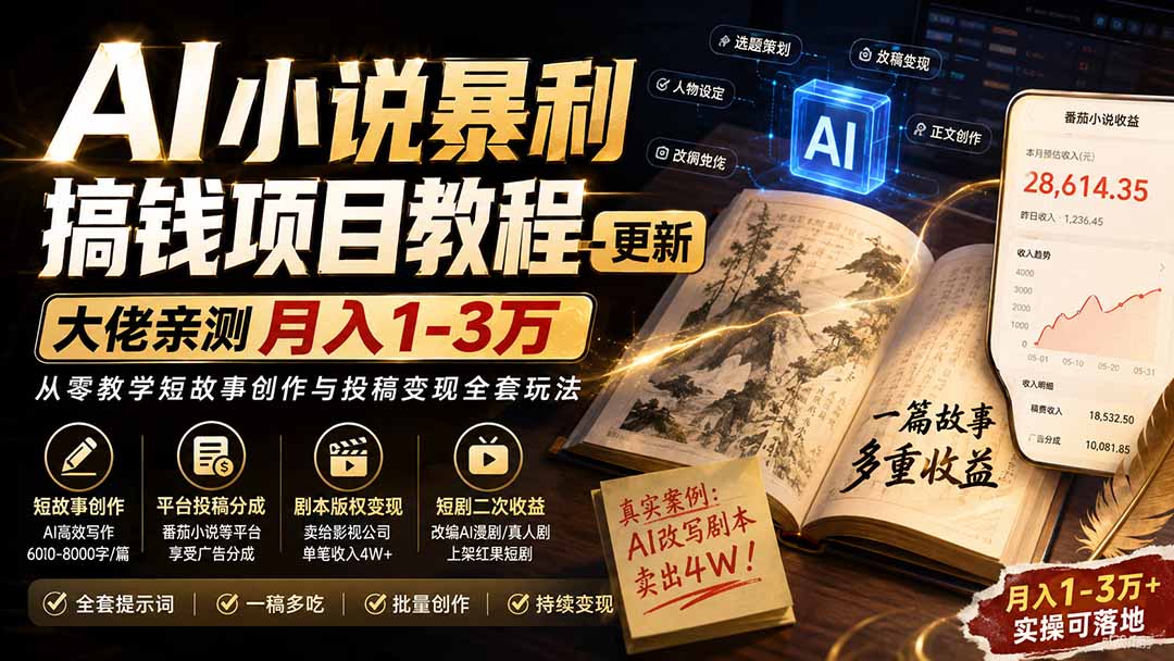 AI小说短故事暴利搞钱项目教程-更新，大佬亲测月入1-3万，从零教学短故事创作与投稿变现全套玩法-超级会员网