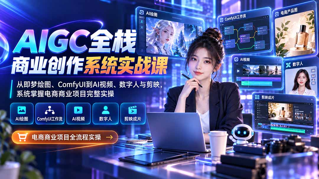 AIGC全栈商业创作系统实战课：从即梦绘图、ComfyUI到AI视频、数字人与剪映，系统掌握电商商业项目完整实操-超级会员网