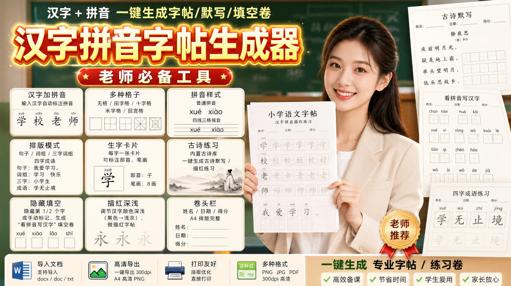 学习神器，汉字拼音字帖生成器，汉字+拼音 一键生成字帖/默写/填空卷，支持词组、成语，老师、家长必备-超级会员网