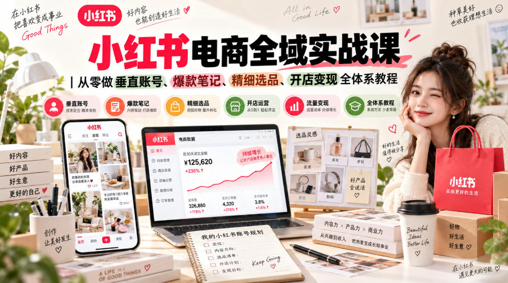 小红书电商全域实战课｜从零做垂直账号、爆款笔记、精细选品、开店变现全体系教程-超级会员网