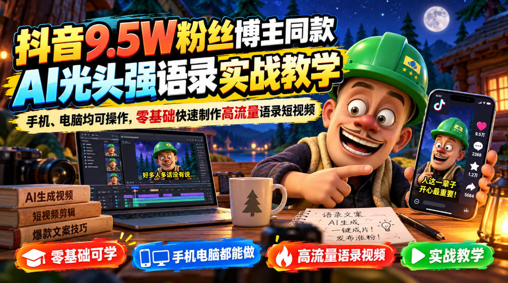 抖音9.5W粉丝博主同款AI光头强语录实战教学，手机、电脑均可操作，零基础快速制作高流量语录短视频-超级会员网