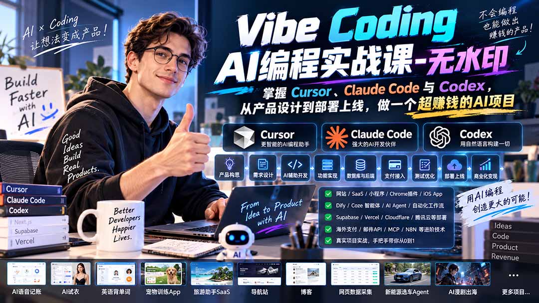 Vibe Coding AI编程实战课-无水印：掌握Cursor、Claude Code与Codex，从产品设计到部署上线，做一个超赚钱的AI项目-超级会员网