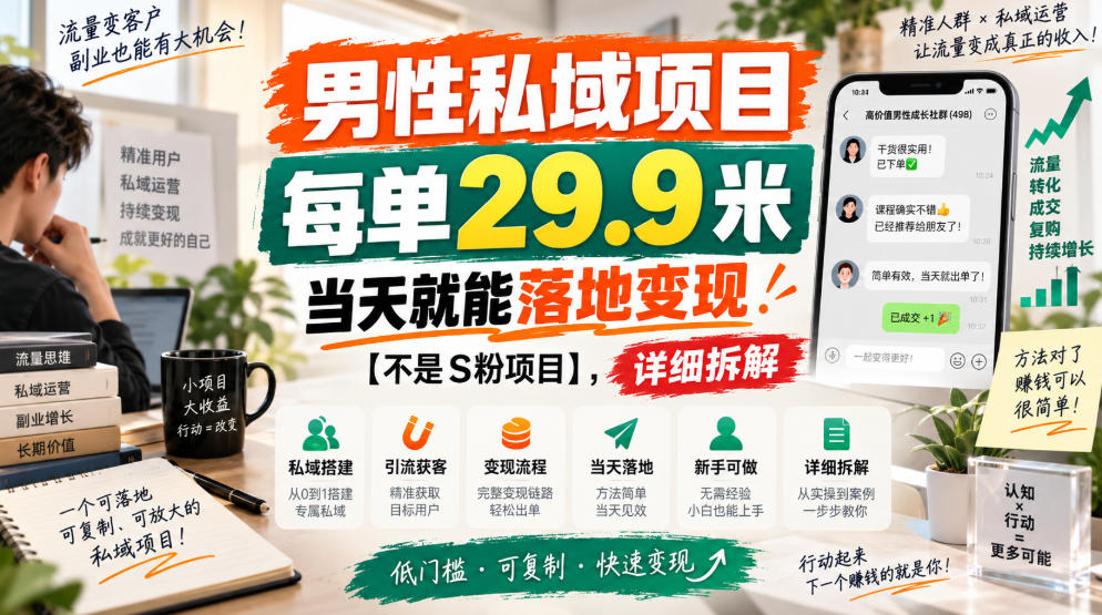 男性私域项目，每单29.9米，当天就能落地变现【不是S粉项目】，详细拆解-超级会员网
