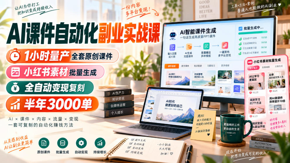 AI课件自动化副业实战课，1小时量产全套原创课件，小红书素材批量生成，全自动变现复刻，半年3000单-超级会员网