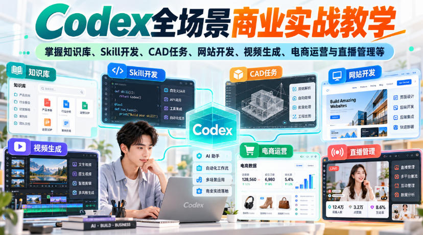 【无水印】Codex全场景商业实战教学，掌握知识库、Skill开发、CAD任务、网站开发、视频生成、电商运营与直播管理等-超级会员网