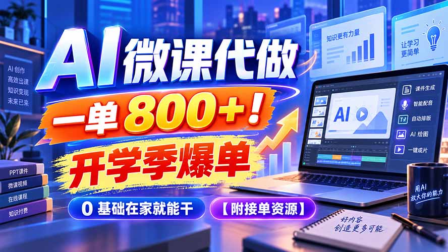 AI 微课代做，一单 800+！开学季爆单，0 基础在家就能干【附接单资源】-超级会员网